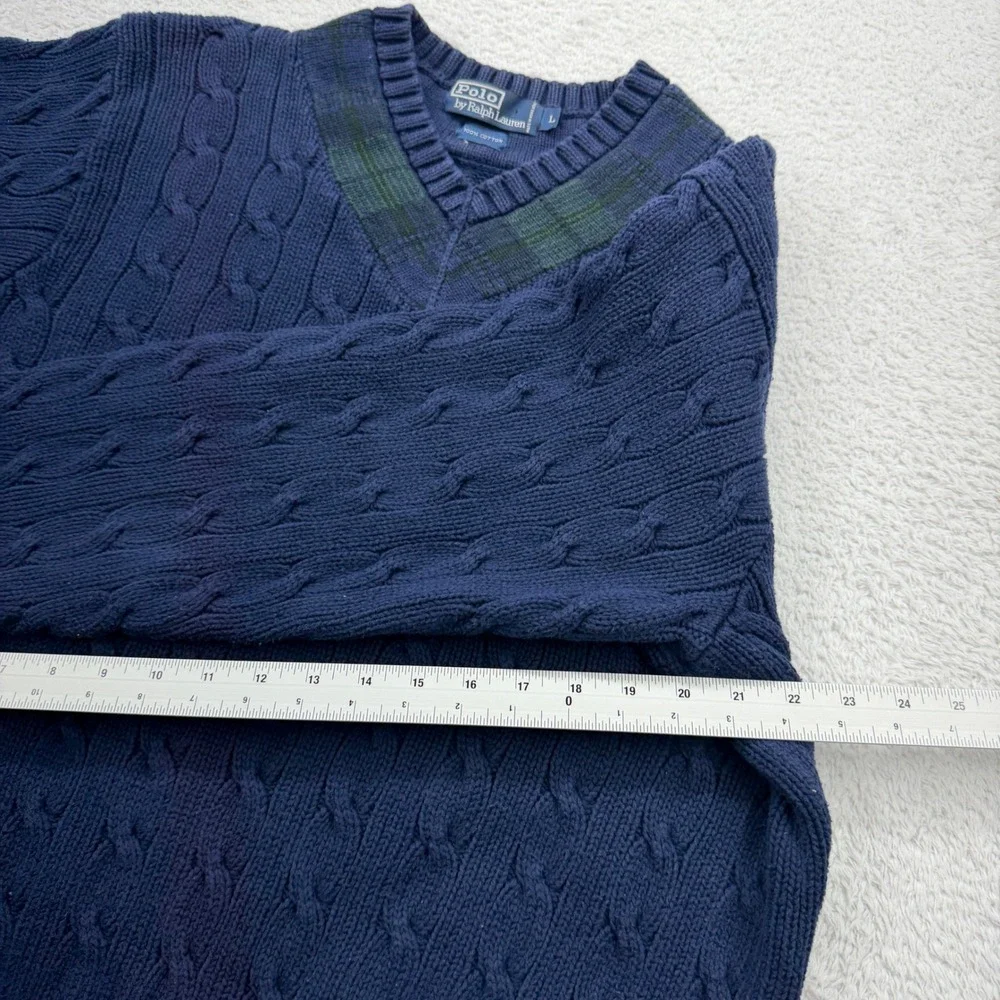 Polo Ralph Lauren Mens Navy Blue Cable Knit Cotton V-Neck Plaid Trim Sweater L